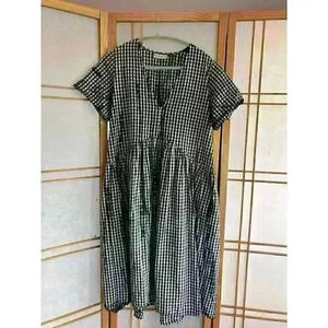 Women's Black/White w/ Green checkered Gingham Midi Sundress, BOHO, Small
